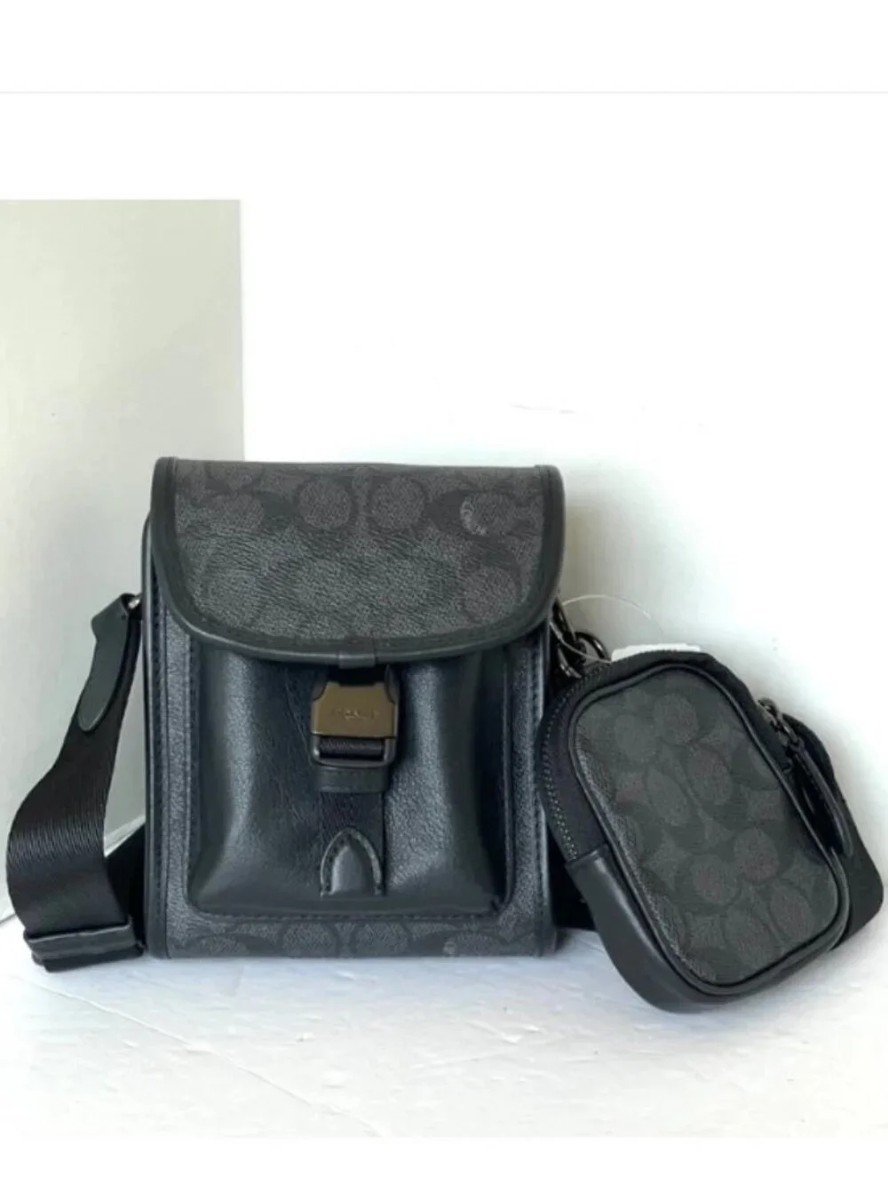 Coach Charter North South Crossbody Black Signature Canvas Hybrid Pouch C2600